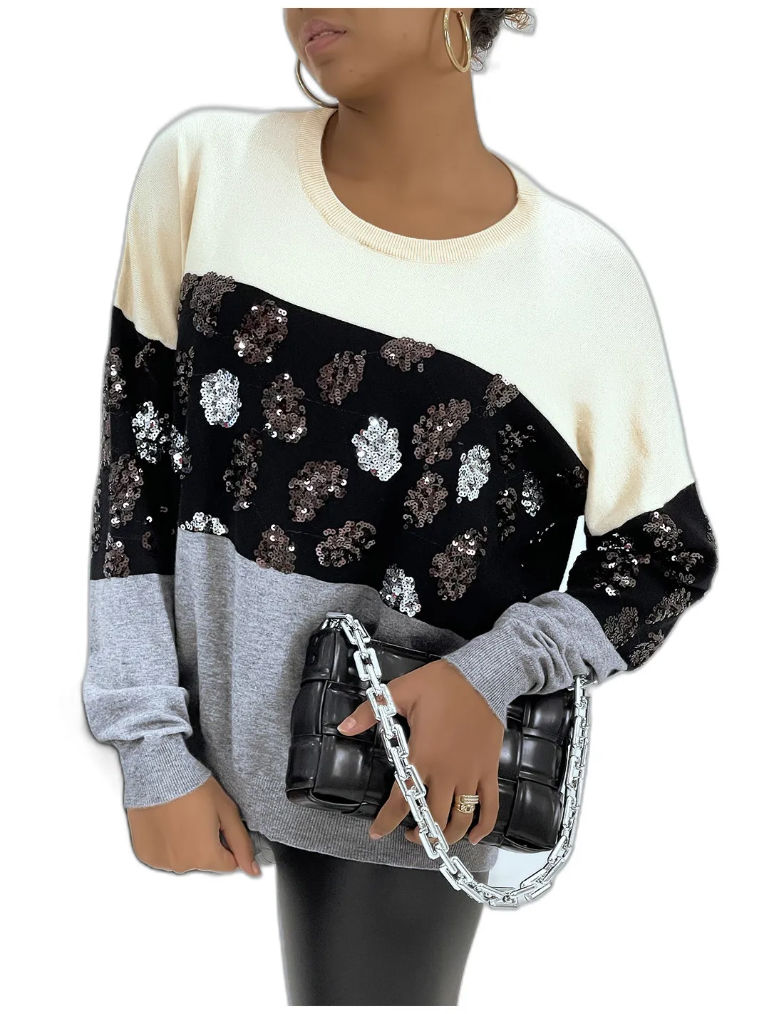 Pull fluide tricolore beige à motif sequins